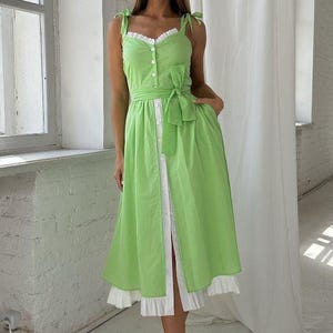 Green midi summer cotton dress, yellow summer dress, light summer outfit, casual strap summer dress,  A-line silhouette dress, sun dress