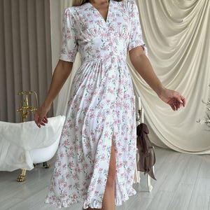 White lightweight cotton summer dress, midi v-neck dress, ankle length dress with short sleeves, casual summer dress