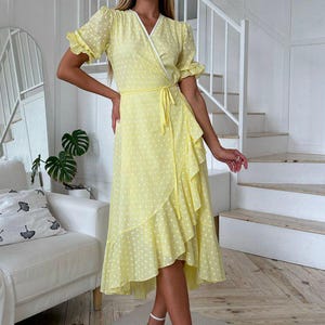 Sunny yellow cotton wrap summer dress, summer dress with short sleeves and cotton lining, summer outfit, airy summer dress