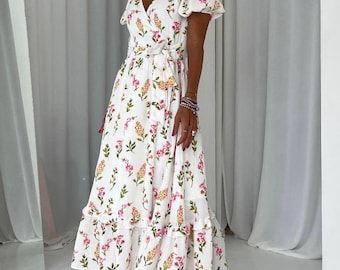 Handmade Cotton Wrap Dress, Cream Floral Print, Midi Length