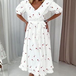 White long summer cotton dress with floral print, midi dress with short puff sleeves, chic summer dress, simple casual dress, bohemian dress
