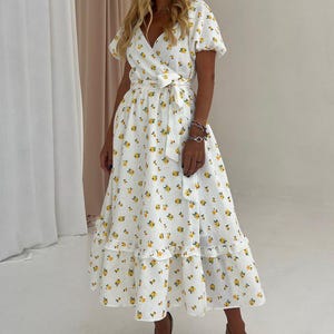 Stylish lightweight cotton wrap dress, handmade midi summer dress, light ankle length dress, simple wedding dress, flowy summer outfit