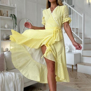 Airy cotton wrap sundress, short sleeve summer dress, lightweight summer dress, elegant cotton summer dress, high waist summer wrap dress