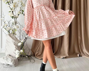 Pink Heart Print Baumwolle Babydoll Kleid, Langarm Mini