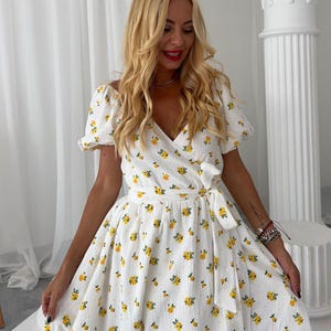 Summer long short sleeve cotton wrap dress with sunflower print, Floral Sundress women, Light sweetheart dress ankle length
