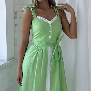 Light green cotton strap dress, light sun dress, airy summer outfit, casual strap summer dress,  chic summer dress, green dress summer