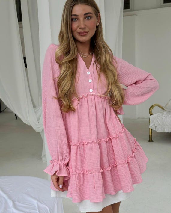 white christmas dresses Cara Floral Eyelet Flutter Sleeve Babydoll Mini Dress • American Threads Young Women's Fashion Pink / L main image 1