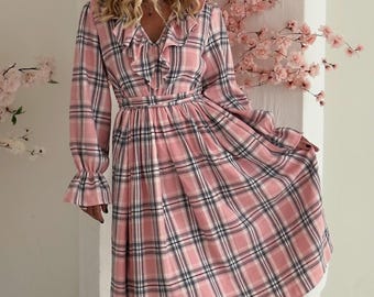 Rosa Kariertes Flanell Midi Kleid - Langarm Baumwolle Kariertes Kleid