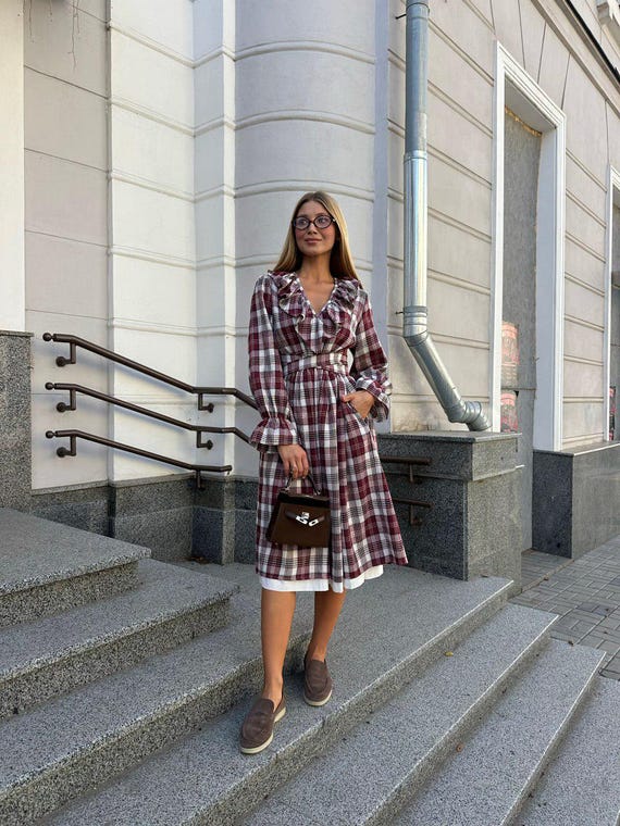 Burgundy Plaid Cotton Flannel Maxi Dress: Long Sleeve Fall Outfit