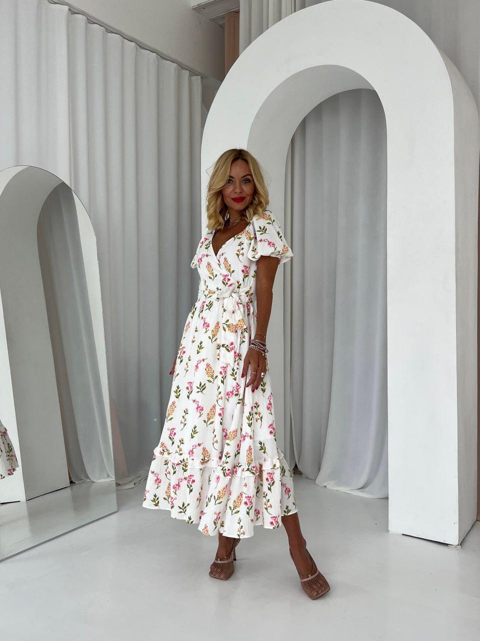 Handmade Cotton Wrap Dress, Cream Floral Print, Midi Length Handmade Cotton Wrap Dress, Cream Floral Print, Midi Length