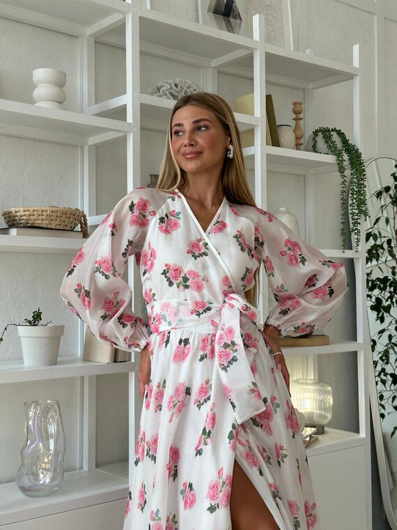 Floral Organza Wrap Dress With Long Sleeves, Bridesmaid Dress