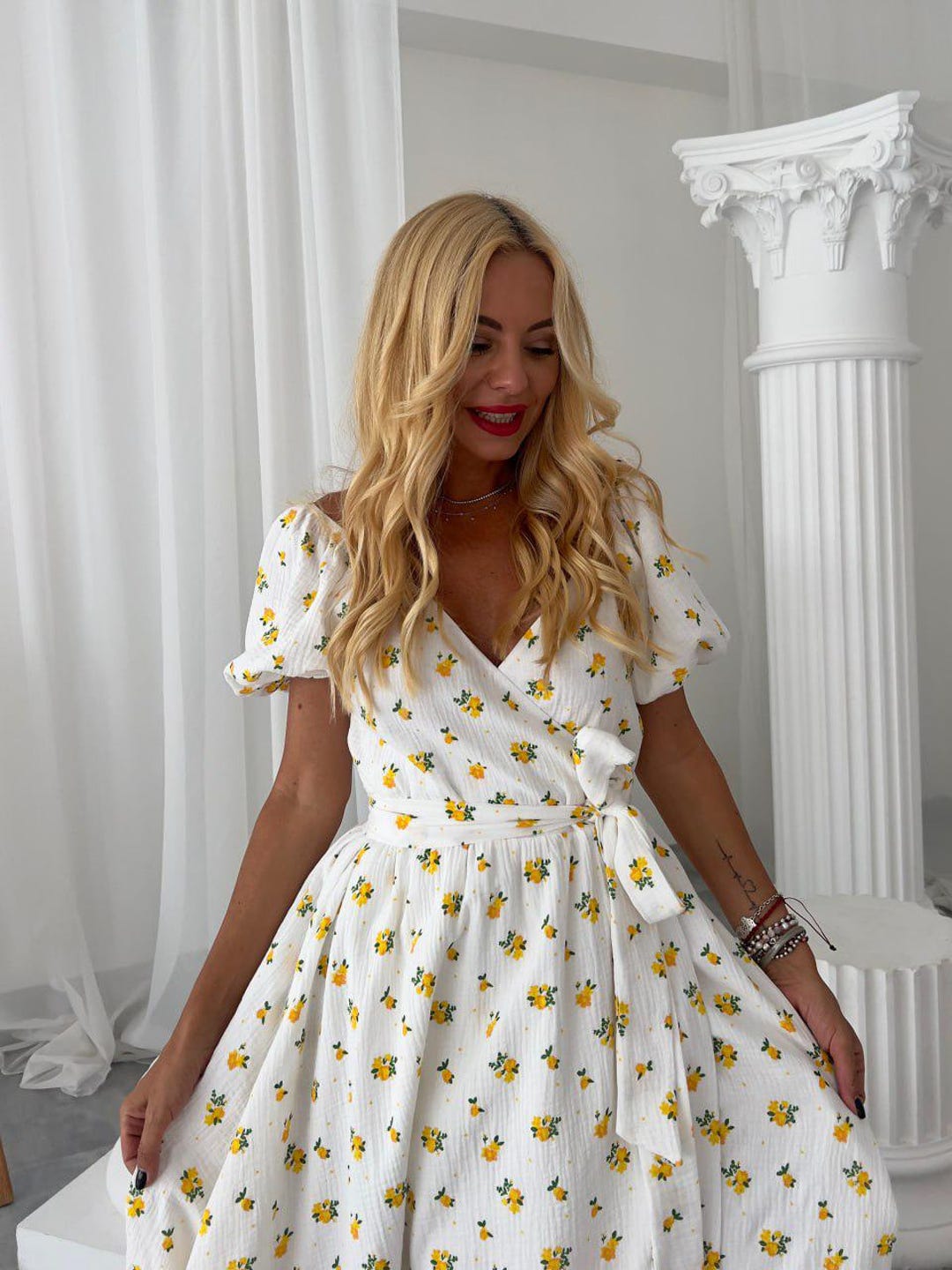 cream floral wrap dress Gracelyn V-neck Wrap Dress