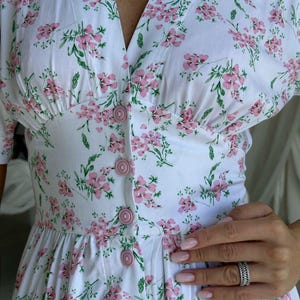 White floral cotton summer dress, midi dress, ankle length dress with short sleeves, loose-fitting lightweight cotton dress, airy dress