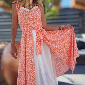 Bright Orange summer Sundress Sleeveless, Women&#39;s Summer Wrap Dress Sweatheart Collar, Ankle Lenght Peach Dress with Assymetric Print