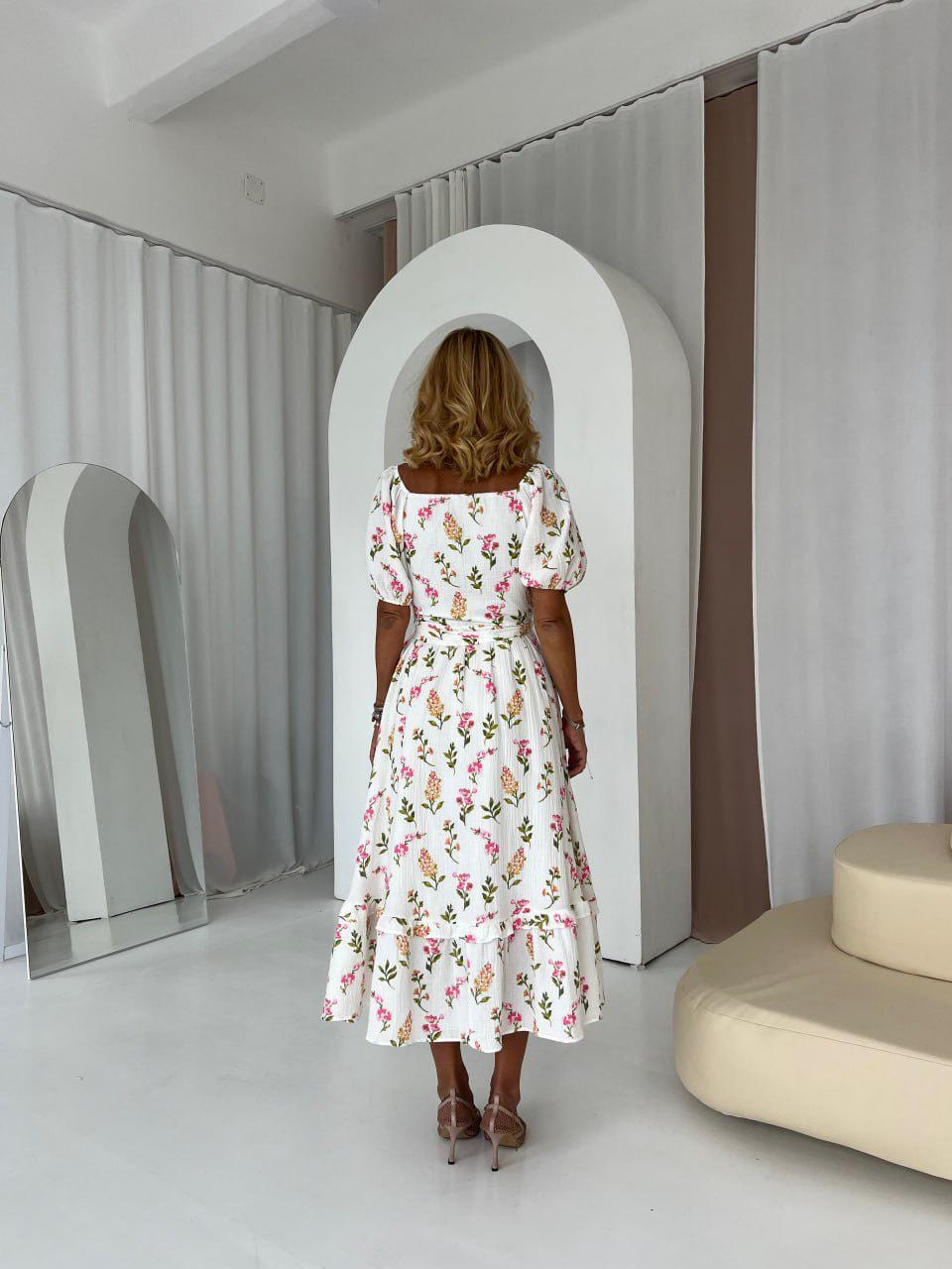Handmade Cotton Wrap Dress, Cream Floral Print, Midi Length Handmade Cotton Wrap Dress, Cream Floral Print, Midi Length