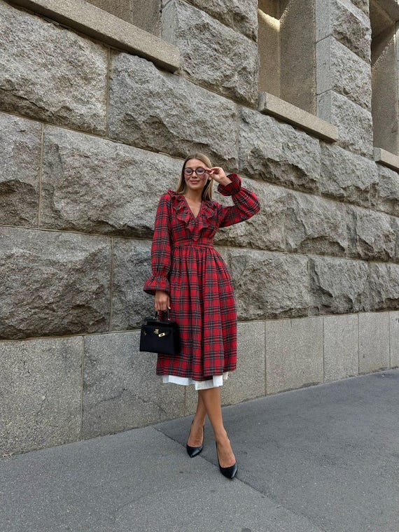 Red Plaid Cotton Flannel Maxi Dress: Long Sleeve Autumn Outfit