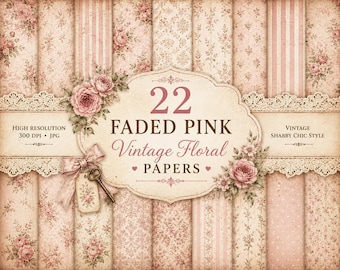 May include: A collection of 22 digital papers featuring faded pink floral patterns, stripes, and damask designs. The central label displays the text 22 FADED PINK Vintage Floral PAPERS, HIGH RESOLUTION 300 DPI JPG, and VINTAGE SHABBY CHIC STYLE.