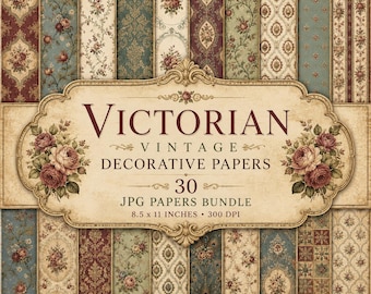 May include: A collection of 30 digital papers featuring Victorian-style floral and damask patterns in shades of red, blue, green, and cream. The central label reads: VICTORIAN VINTAGE DECORATIVE PAPERS 30 JPG PAPERS BUNDLE 8.5 x 11 INCHES 300 DPI.