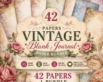 May include: A digital paper bundle featuring 42 vintage-style sheets with floral and aged textures. The central label displays the text 42 PAPERS VINTAGE Blank Journal PAPER BUNDLE, along with icons for print ready, high quality, and 300 DPI JPG files.