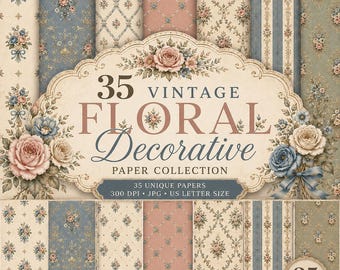 May include: A collection of 35 digital papers featuring vintage floral patterns in shades of blue, pink, and cream. The central label displays the text 35 VINTAGE FLORAL Decorative PAPER COLLECTION, 35 UNIQUE PAPERS, 300 DPI, JPG, US LETTER SIZE.