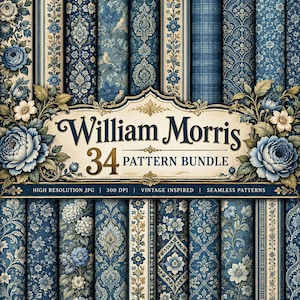 May include: A digital collection of 34 William Morris pattern designs featuring blue and cream floral, damask, and bird motifs. The central label reads William Morris 34 PATTERN BUNDLE, with text below stating HIGH RESOLUTION JPG, 300 DPI, VINTAGE INSPIRED, SEAMLESS PATTERNS.