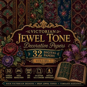 Könnte beinhalten: Eine Sammlung von 32 digitalen Papieren mit viktorianischen Juwelenton-Mustern. Das Bild zeigt florale Designs in tiefen Rot-, Lila- und Blautönen mit dem Text Victorian Jewel Tone Decorative Papers, 32 Digital Papers, Volume 1, 300 DPI und 21,6 x 27,9 cm.