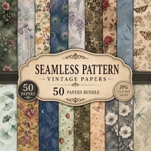 Pode incluir: Uma coleção de 50 padrões de papel vintage sem costura em um pacote, apresentando diversos designs, incluindo flores, penas de pavão, estampa de leopardo, borboletas e motivos botânicos. O texto diz SEAMLESS PATTERN VINTAGE PAPERS.