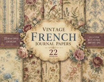May include: A collection of 22 digital journal papers featuring vintage French patterns with floral motifs, botanical illustrations, and a bird. The central label reads VINTAGE FRENCH JOURNAL PAPERS 22 DESIGNS, US LETTER 8.5 X 11 INCH 300 DPI JPG.