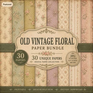 Pode incluir: Uma coleção de papel digital intitulada OLD VINTAGE FLORAL PAPER BUNDLE com 30 papéis únicos com padrões florais em tons suaves de rosa, verde e creme. A imagem exibe tiras verticais de papel estampado, cada uma com 21,59 x 27,94 cm.
