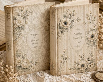 May include: Two hardcover books with cream-colored covers featuring floral patterns and damask designs. The left book is titled Whispers of Timeless Beauty, and the right book is titled Stories Etched in Time, both printed in elegant serif fonts.