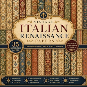 Puede incluir: Una colección de 35 papeles decorativos con varios patrones del Renacimiento italiano en tonos rojo, azul, verde y dorado. La imagen incluye el texto VINTAGE ITALIAN RENAISSANCE PAPERS, 35 DECORATIVE PAPERS y AUTHENTIC RENAISSANCE ELEGANCE.