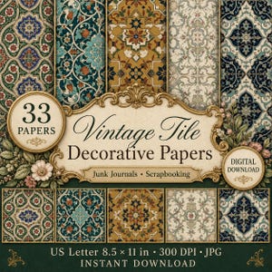 Könnte beinhalten: Eine Sammlung von 33 digitalen dekorativen Papieren mit Vintage-Fliesenmustern in verschiedenen Farben. Das Bild enthält den Text 33 PAPERS, Vintage Tile Decorative Papers, Junk Journals, Scrapbooking, Digital Download und US Letter 8.5 x 11 in.