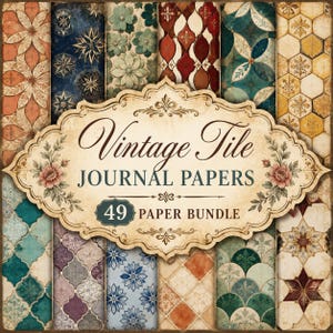 Puede incluir: Una colección de 49 papeles decorativos para diario con varios patrones de azulejos vintage en tonos azul, verde, rojo y amarillo. Una etiqueta central de color crema muestra el texto Vintage Tile JOURNAL PAPERS 49 PAPER BUNDLE.