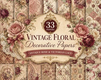 May include: A collection of 33 digital decorative papers featuring vintage floral patterns, antique rose motifs, and Victorian lace designs. The set includes various ornate backgrounds with damask, paisley, and rose prints in muted tones.