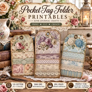 May include: Three decorative paper pocket tag folders featuring floral patterns, lace trim, and metal eyelets. The top header displays the text Pocket Tag Folder PRINTABLES JUNK JOURNAL CRAFTS PRINT CUT CREATE. Includes US Letter 8.5 x 11 inches.