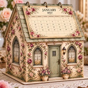 Puede incluir: Un calendario de escritorio con forma de casa para enero de 2027 que presenta un exterior de color crema con patrones florales, ventanas arqueadas, una puerta verde y una página de calendario en el techo. Decorado con rosas y flores en macetas.