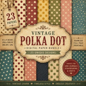 Puede incluir: Un paquete de papel digital con 23 patrones de lunares vintage en varios colores, incluyendo rojo, amarillo, verde, rosa y azul. La colección incluye etiquetas de texto que indican 23 PAPERS, VINTAGE POLKA DOT, 8.5 x 11 INCHES y 300 DPI.