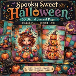May include: A digital collection titled Spooky Sweet Halloween featuring 50 printable journal pages. The artwork displays a character in a patchwork witch hat, a stack of jack-o'-lanterns, a black cat, and colorful patterns in 300 DPI JPG format.