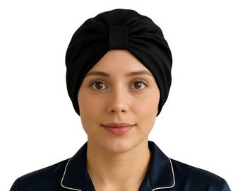 Turbante da notte in seta di gelso: fascia per capelli anti-crespo fatta a mano, nero