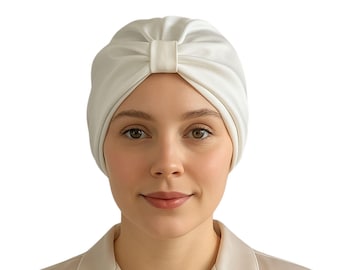 Turbante da notte in seta di gelso: fascia per capelli color avorio fatta a mano, anti-crespo