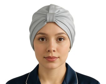Turbante da notte in seta di gelso: fascia per capelli fatta a mano, anti-crespo - Grigio chiaro