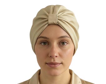 Turbante da notte in seta di gelso: fascia per capelli color champagne fatta a mano, anti-crespo