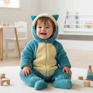 May include: A smiling baby wearing a blue and cream-colored hooded jumpsuit with attached feet. The jumpsuit has a zipper down the front and cat-like ears on the hood. The baby is sitting on a white rug surrounded by wooden toys.