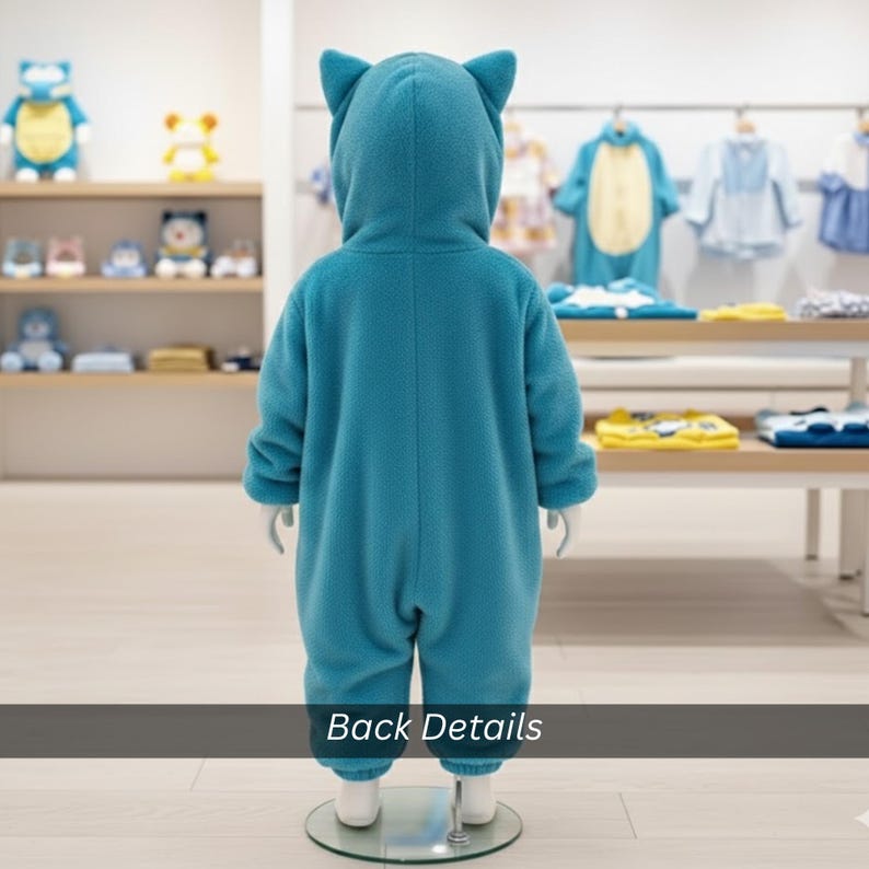 May include: A teal blue hooded jumpsuit for children, featuring cat-like ears on the hood. The outfit is displayed on a mannequin in a children's clothing store. The text "Back Details" is visible at the bottom of the image.