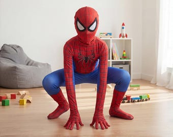 Kids Superhero Costume, Red Blue Web Print Spandex Bodysuit for Boys Halloween and Birthday
