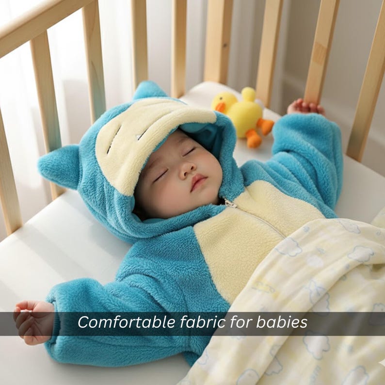 May include: A sleeping baby wearing a blue and yellow hooded onesie with a zipper. The onesie has a cartoon character design with ears on the hood. The text "Comfortable fabric for babies" is displayed at the bottom of the image. A yellow duck toy is in the background.