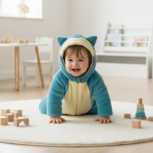 May include: A baby wearing a blue and cream-colored hooded jumpsuit with bear ears, crawling on a cream-colored rug. The jumpsuit has a zipper closure. Wooden blocks and a stacking toy are nearby.