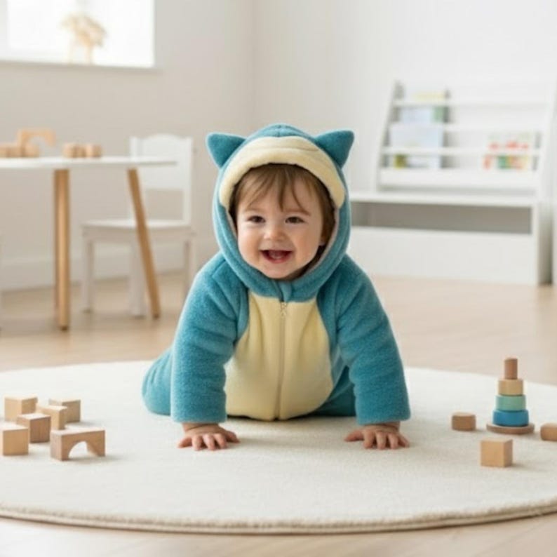May include: A baby wearing a blue and cream-colored hooded jumpsuit with bear ears, crawling on a cream-colored rug. The jumpsuit has a zipper closure. Wooden blocks and a stacking toy are nearby.