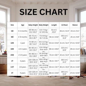 May include: A size chart for baby and toddler clothing, with measurements in inches and pounds. The chart includes sizes from 3 months to 4 years, with corresponding height, weight, length, bust, and sleeve measurements.