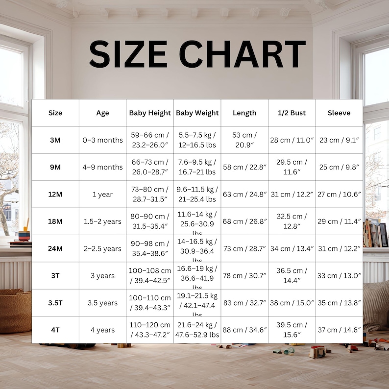 May include: A size chart for baby and toddler clothing, with measurements in inches and pounds. The chart includes sizes from 3 months to 4 years, with corresponding height, weight, length, bust, and sleeve measurements.